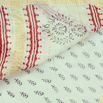 Indian Vintage Sari White Pure chanderi Silk Bagru Printed Sarees Fabric 5Yd Floral Soft Golden Zari Border Ethnic Dress making Upcycle