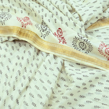 Indian Vintage Sari White Pure chanderi Silk Bagru Printed Sarees Fabric 5Yd Floral Soft Golden Zari Border Ethnic Dress making Upcycle