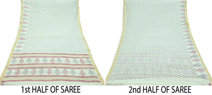 Indian Vintage Sari White Pure chanderi Silk Bagru Printed Sarees Fabric 5Yd Floral Soft Golden Zari Border Ethnic Dress making Upcycle