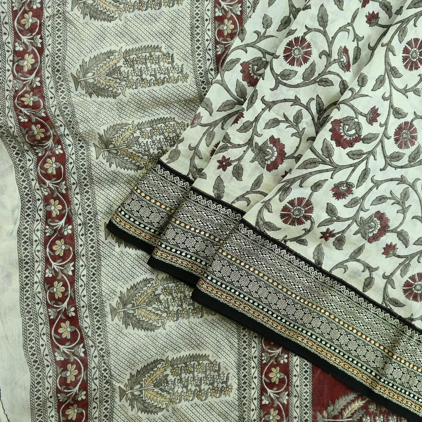 Indian Vintage Sari White Pure chanderi Silk Block Printed Sarees Craft Fabric 5Yd Zari Border Floral Dress making bollywood