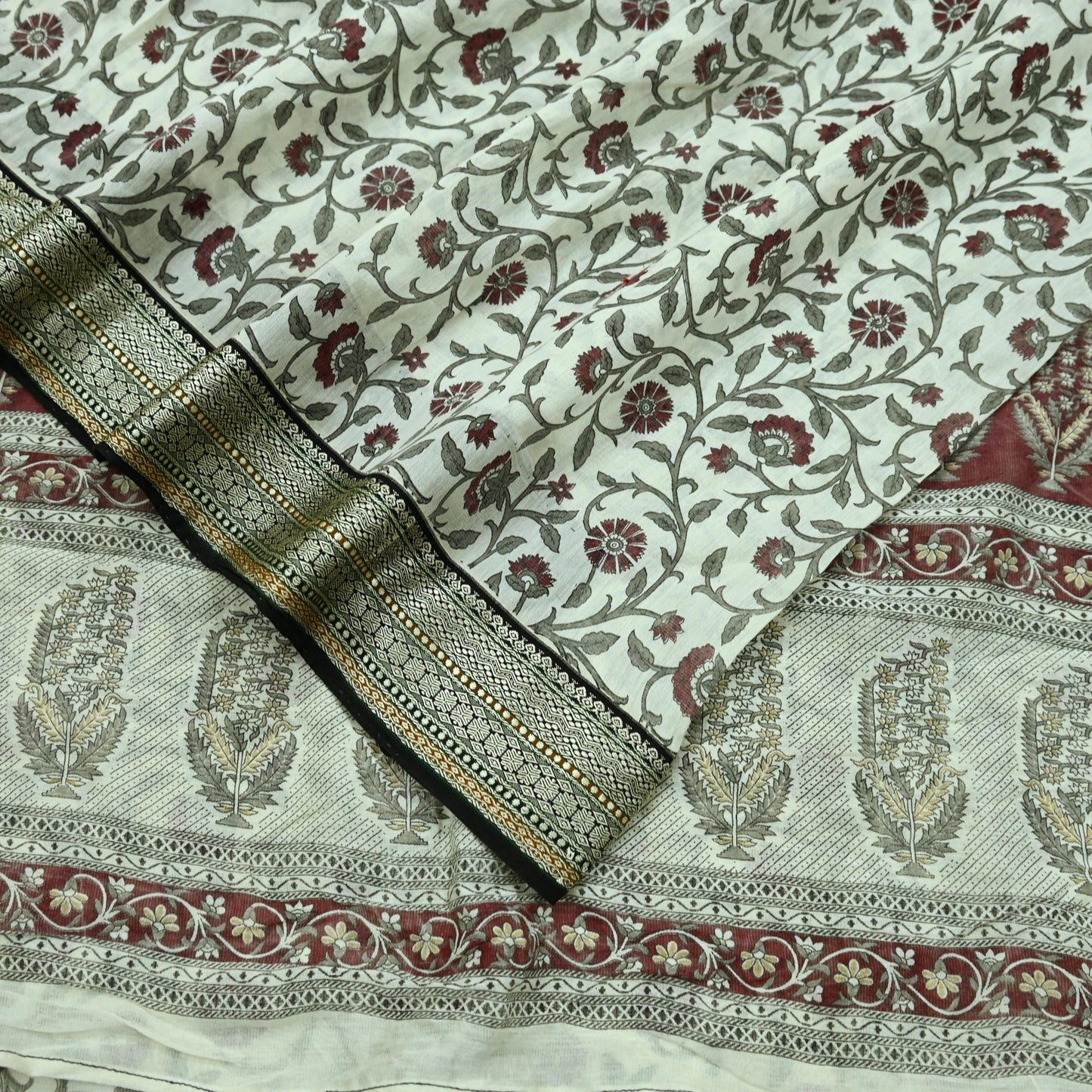 Indian Vintage Sari White Pure chanderi Silk Block Printed Sarees Craft Fabric 5Yd Zari Border Floral Dress making bollywood