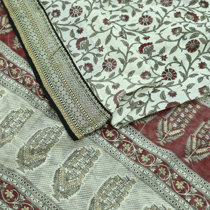 Indian Vintage Sari White Pure chanderi Silk Block Printed Sarees Craft Fabric 5Yd Zari Border Floral Dress making bollywood