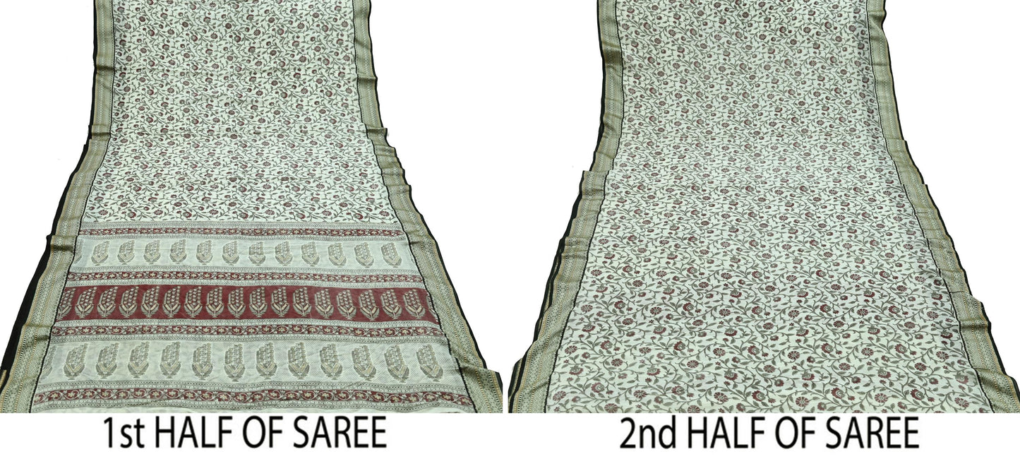 Indian Vintage Sari White Pure chanderi Silk Block Printed Sarees Craft Fabric 5Yd Zari Border Floral Dress making bollywood