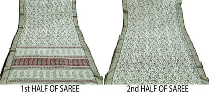 Indian Vintage Sari White Pure chanderi Silk Block Printed Sarees Craft Fabric 5Yd Zari Border Floral Dress making bollywood