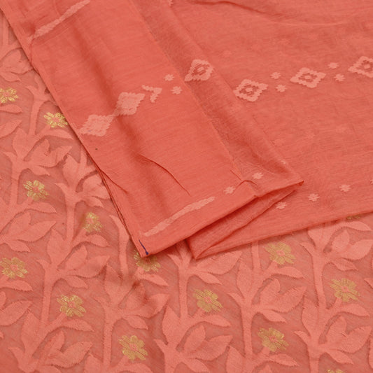 Indian Vintage Sarees Peach Pure Cotton Hand Woven Jamdani Sari 5yd Ethnic Floral Craft Fabric Dress making Upcycle Crafting Quilting