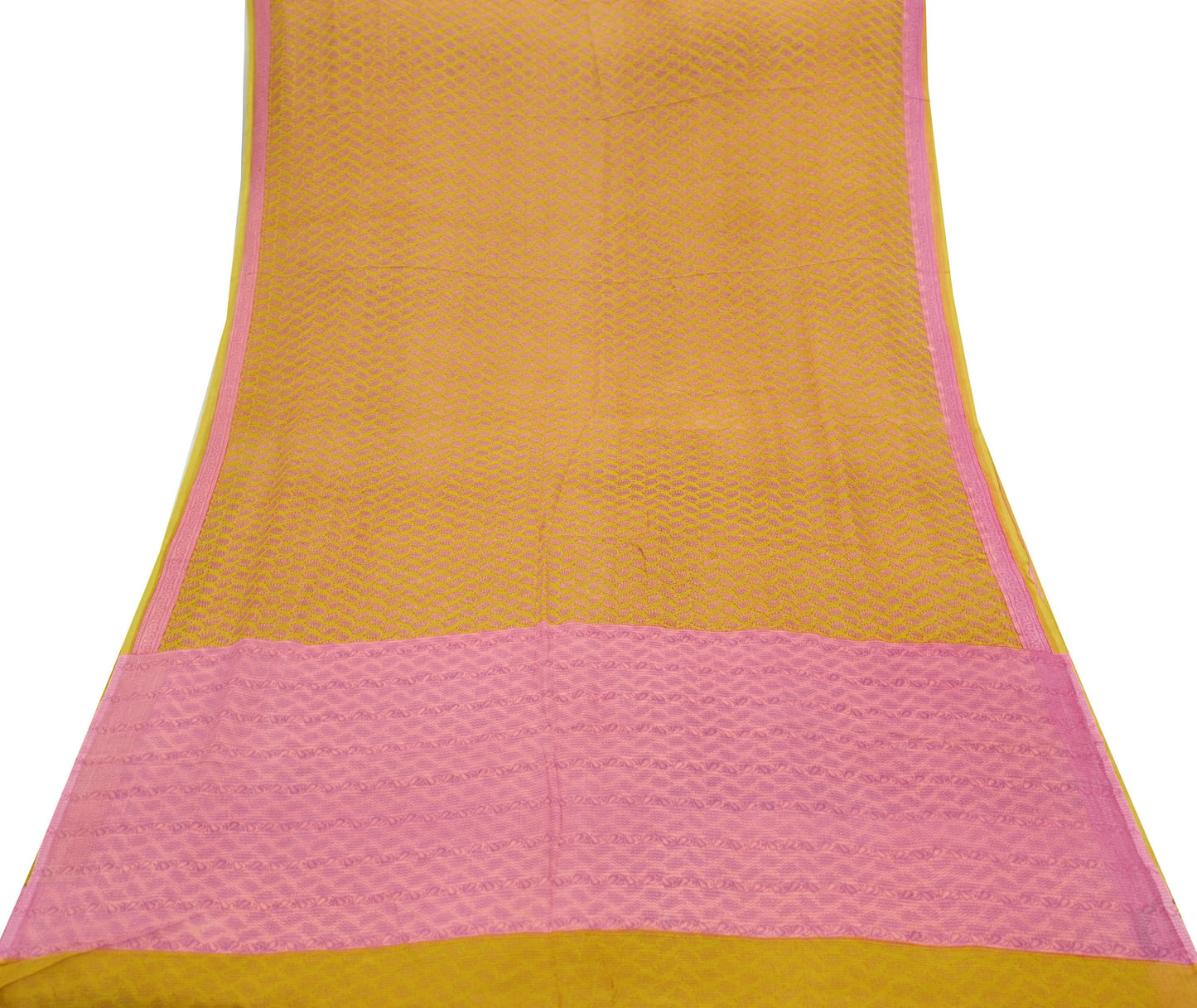Vintage Sari Yellow & Pink 100% Pure Chiffon Silk Printed Sarees Sewing 5yd Craft Fabric Soft Dress Designing for Crafting Floral
