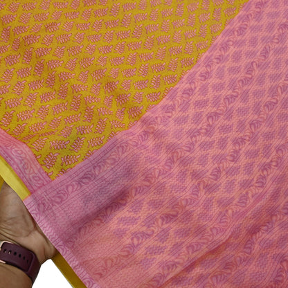 Vintage Sari Yellow & Pink 100% Pure Chiffon Silk Printed Sarees Sewing 5yd Craft Fabric Soft Dress Designing for Crafting Floral
