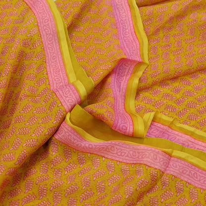 Vintage Sari Yellow & Pink 100% Pure Chiffon Silk Printed Sarees Sewing 5yd Craft Fabric Soft Dress Designing for Crafting Floral