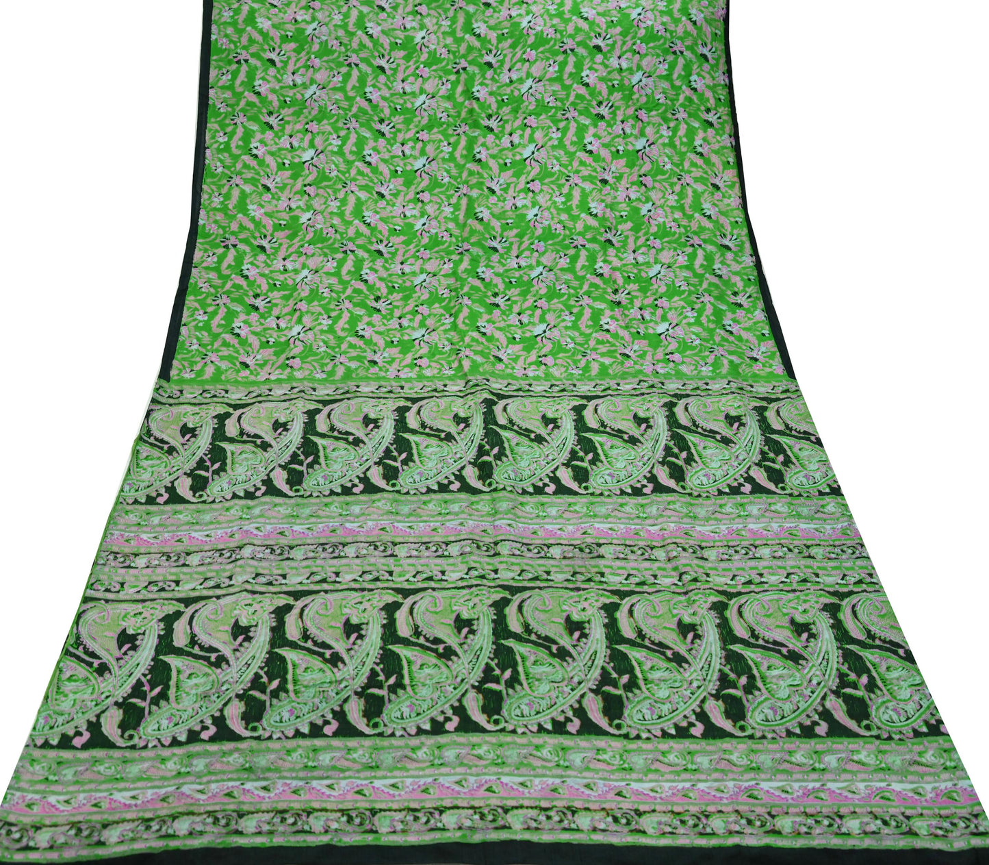Indian Vintage Sari Green & Black Pure Silk Printed Sarees Craft Fabric 5yd Sewing Dress Making Soft Floral Crafting quilting