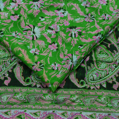 Indian Vintage Sari Green & Black Pure Silk Printed Sarees Craft Fabric 5yd Sewing Dress Making Soft Floral Crafting quilting