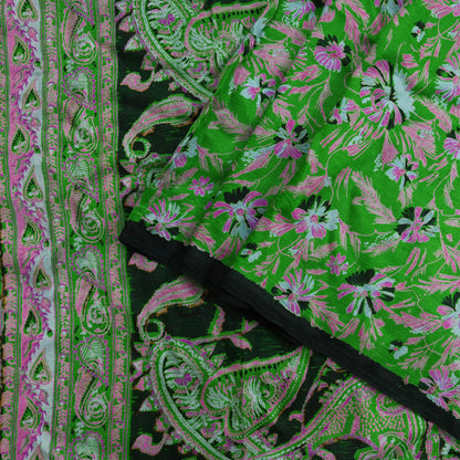 Indian Vintage Sari Green & Black Pure Silk Printed Sarees Craft Fabric 5yd Sewing Dress Making Soft Floral Crafting quilting