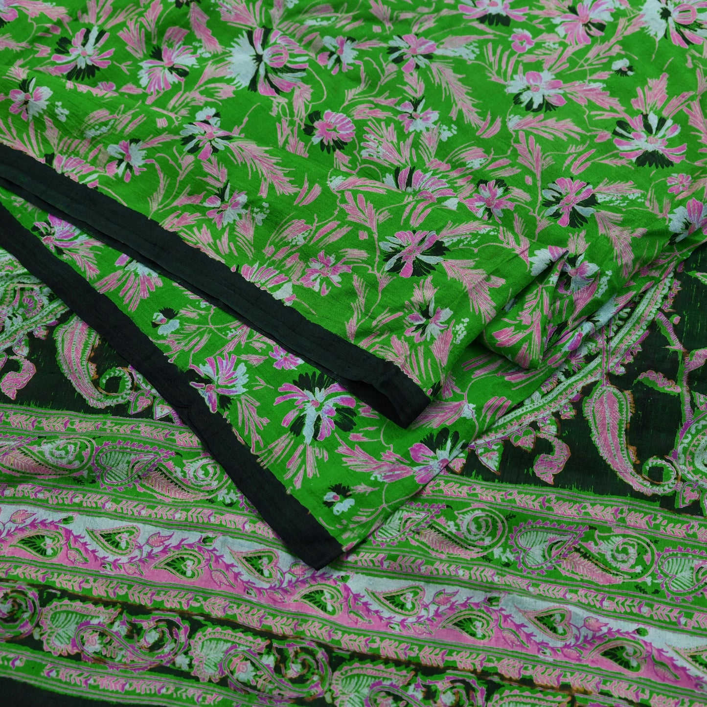 Indian Vintage Sari Green & Black Pure Silk Printed Sarees Craft Fabric 5yd Sewing Dress Making Soft Floral Crafting quilting