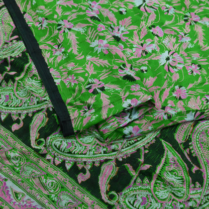 Indian Vintage Sari Green & Black Pure Silk Printed Sarees Craft Fabric 5yd Sewing Dress Making Soft Floral Crafting quilting