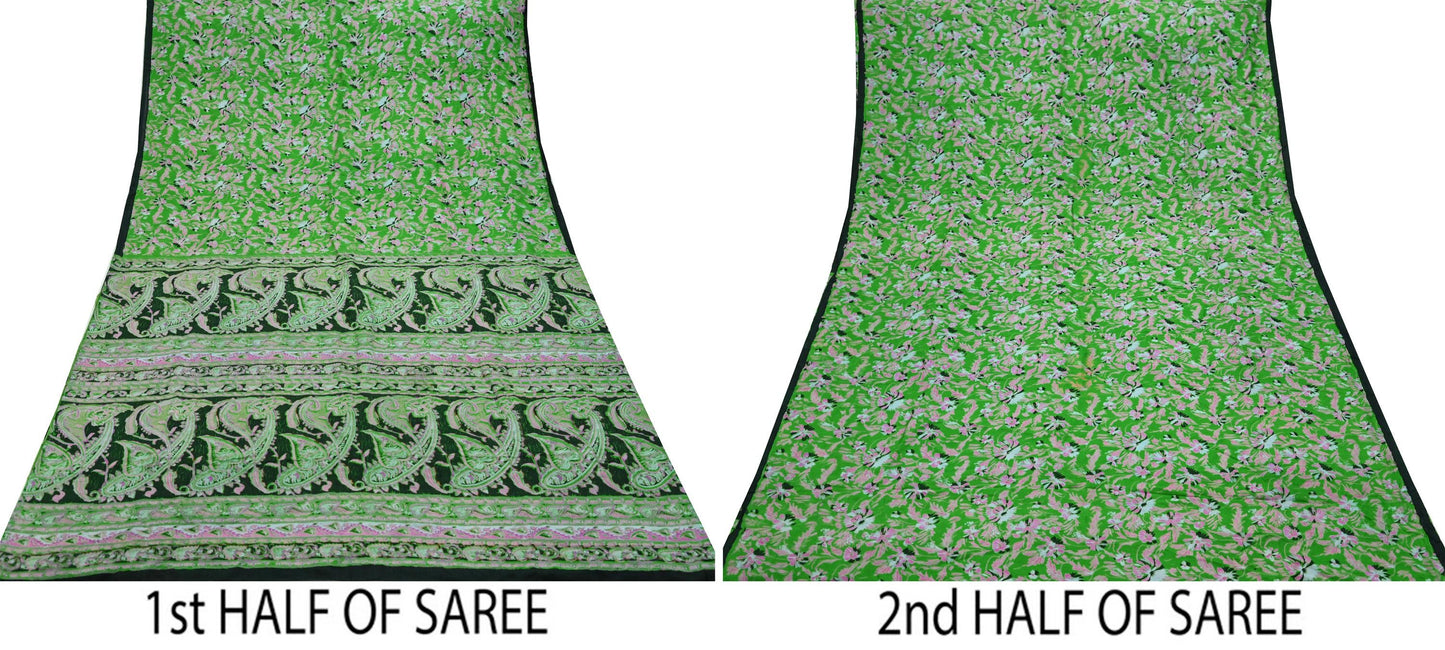 Indian Vintage Sari Green & Black Pure Silk Printed Sarees Craft Fabric 5yd Sewing Dress Making Soft Floral Crafting quilting