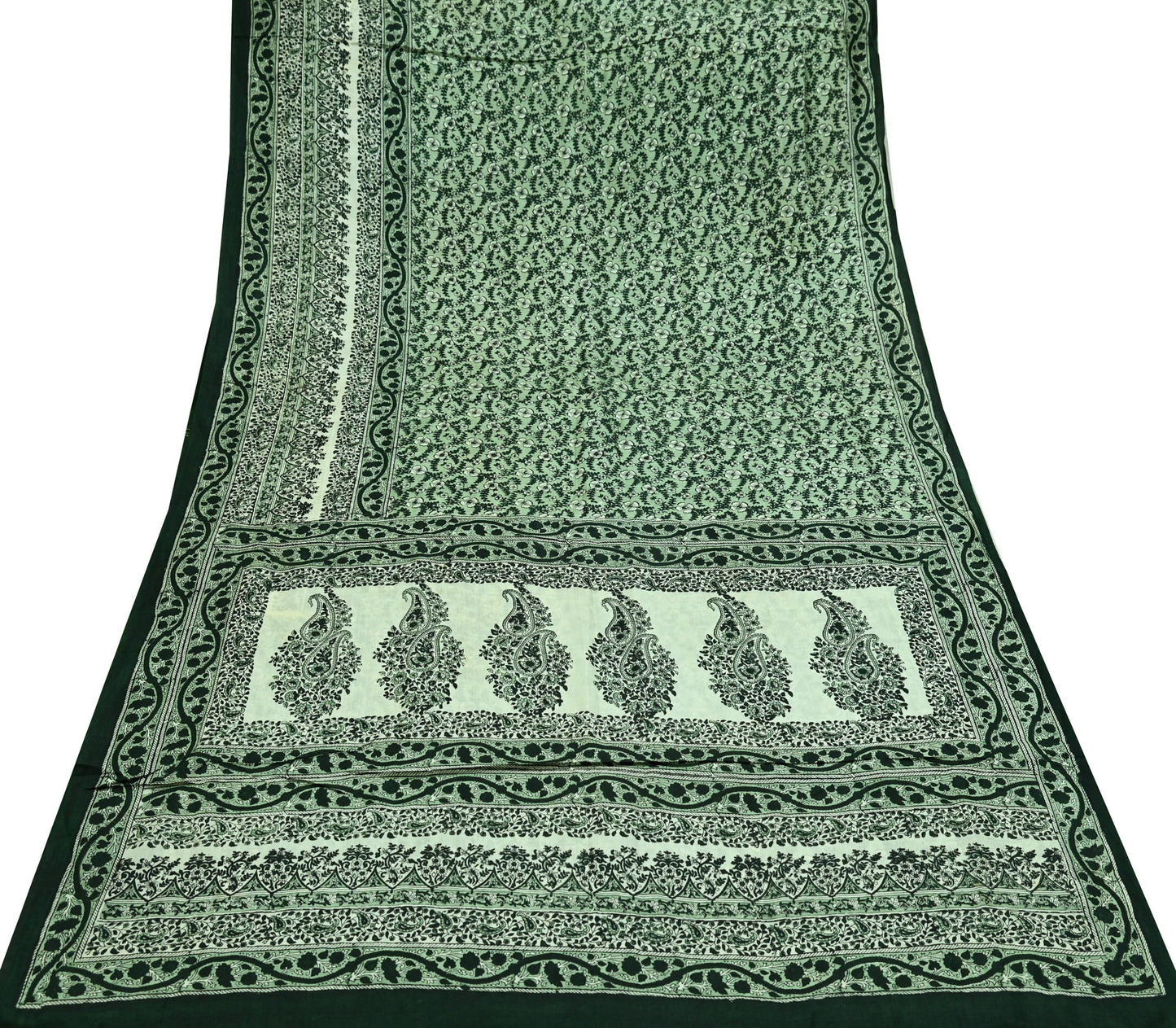 Indian Vintage Ivory & Green Saree Pure Silk Printed Sari 6yd Sewing Craft Fabric Dress Making Soft Crafting Quilting Quilting Upcycle