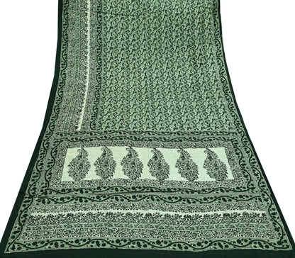 Indian Vintage Ivory & Green Saree Pure Silk Printed Sari 6yd Sewing Craft Fabric Dress Making Soft Crafting Quilting Quilting Upcycle