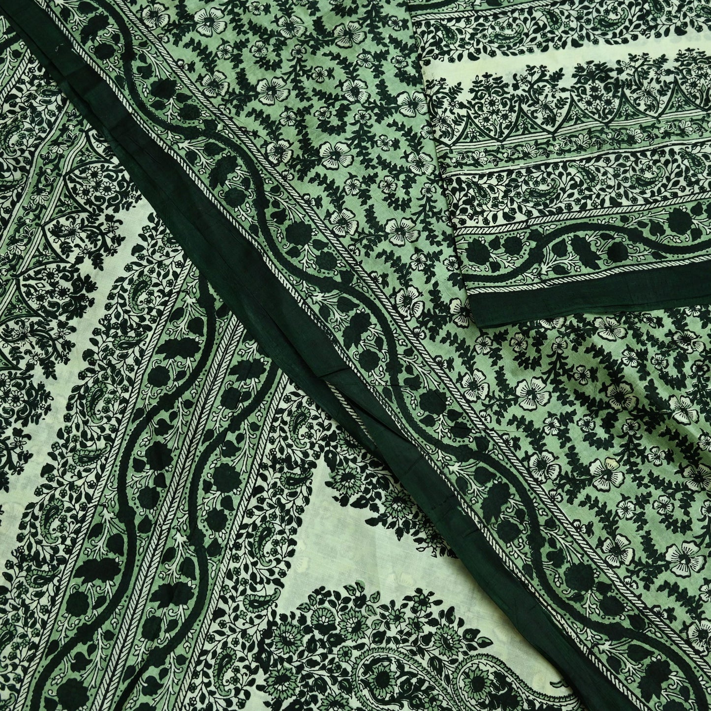 Indian Vintage Ivory & Green Saree Pure Silk Printed Sari 6yd Sewing Craft Fabric Dress Making Soft Crafting Quilting Quilting Upcycle