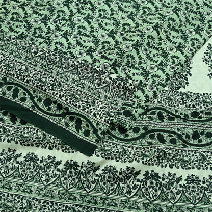 Indian Vintage Ivory & Green Saree Pure Silk Printed Sari 6yd Sewing Craft Fabric Dress Making Soft Crafting Quilting Quilting Upcycle
