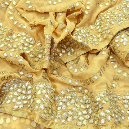 Indian Vintage Heavy Beige Dupatta Pure Georgette Silk Long Stole Hand Embroidered Gota Patti Scarf Zari Veil Wrap