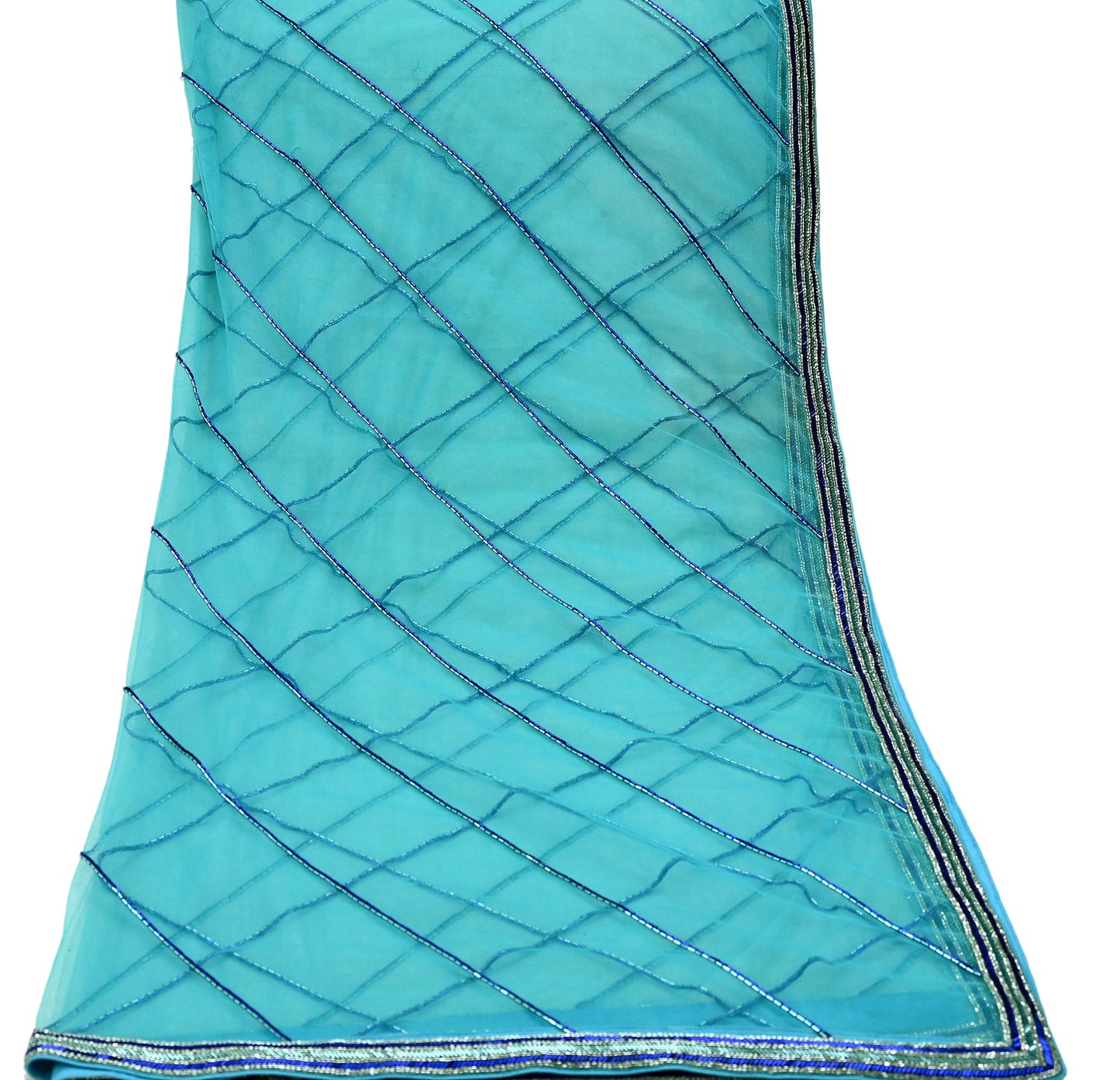 Indian Vintage Heavy Bridal Blue Dupatta Net Mesh Long Stole Hand Embroidered Scarf Golden Zardozi Zari Glass Beaded Stole Wedding veil