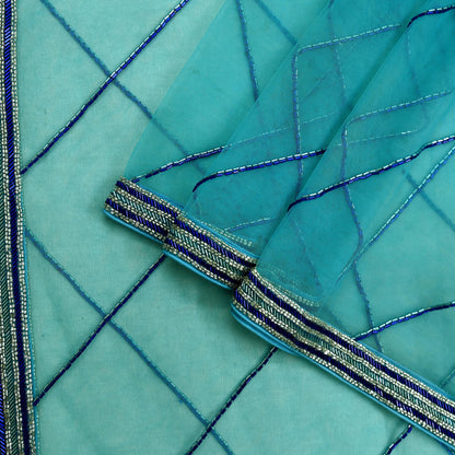 Indian Vintage Heavy Bridal Blue Dupatta Net Mesh Long Stole Hand Embroidered Scarf Golden Zardozi Zari Glass Beaded Stole Wedding veil