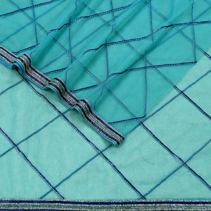 Indian Vintage Heavy Bridal Blue Dupatta Net Mesh Long Stole Hand Embroidered Scarf Golden Zardozi Zari Glass Beaded Stole Wedding veil