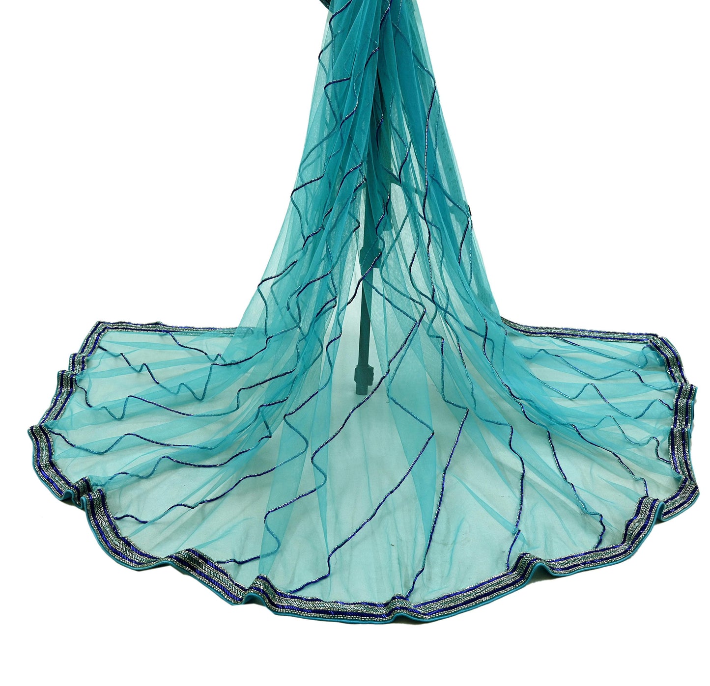 Indian Vintage Heavy Bridal Blue Dupatta Net Mesh Long Stole Hand Embroidered Scarf Golden Zardozi Zari Glass Beaded Stole Wedding veil