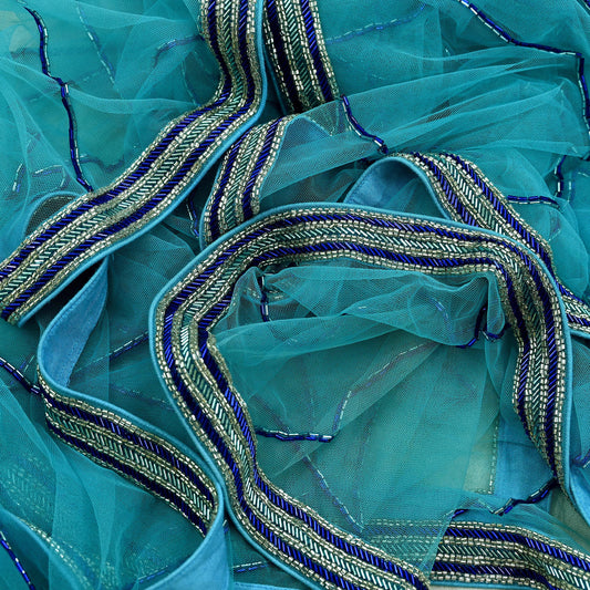 Indian Vintage Heavy Bridal Blue Dupatta Net Mesh Long Stole Hand Embroidered Scarf Golden Zardozi Zari Glass Beaded Stole Wedding veil