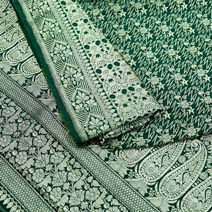 Indian Vintage Sari Bottle Green Heavy Wedding Pure Satin Silk Woven Banarasi Sarees Zari 6Yd Craft Fabric Dress making Crafting Quilting