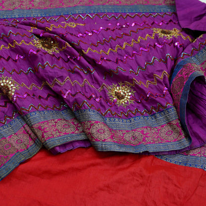 Indian Vintage Heavy Red & Purple Sari Hand Embroidered Sarees Craft Fabric 6Yd Sewing Soft Zardozi/Dabka Wedding/bridal saree