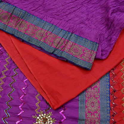 Indian Vintage Heavy Red & Purple Sari Hand Embroidered Sarees Craft Fabric 6Yd Sewing Soft Zardozi/Dabka Wedding/bridal saree