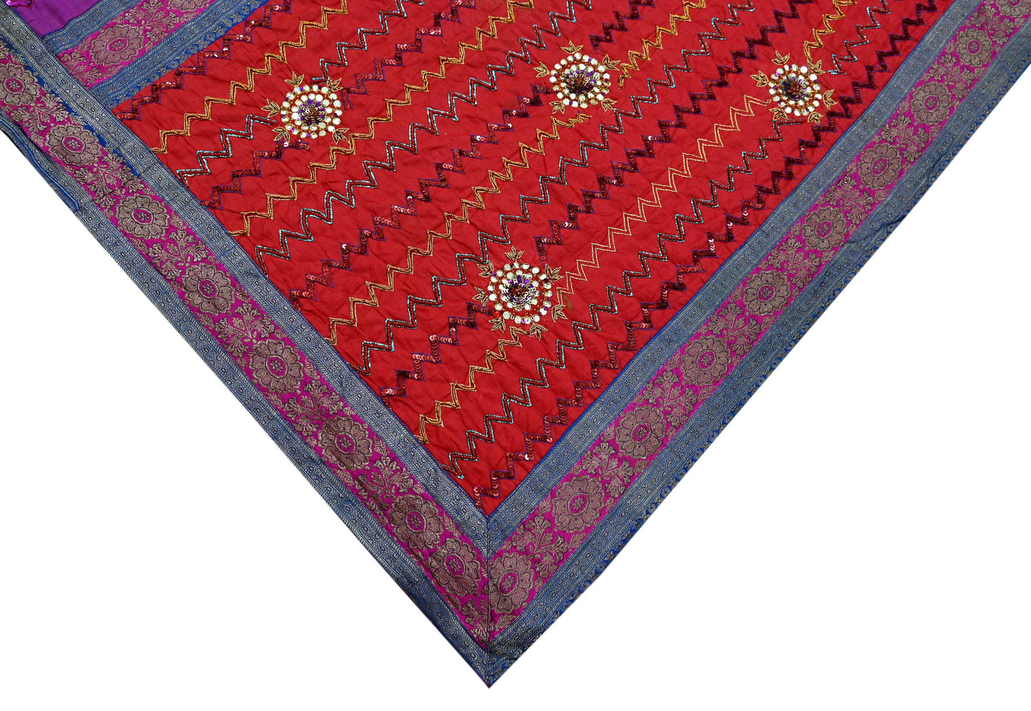 Indian Vintage Heavy Red & Purple Sari Hand Embroidered Sarees Craft Fabric 6Yd Sewing Soft Zardozi/Dabka Wedding/bridal saree