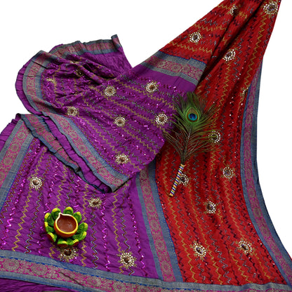 Indian Vintage Heavy Red & Purple Sari Hand Embroidered Sarees Craft Fabric 6Yd Sewing Soft Zardozi/Dabka Wedding/bridal saree
