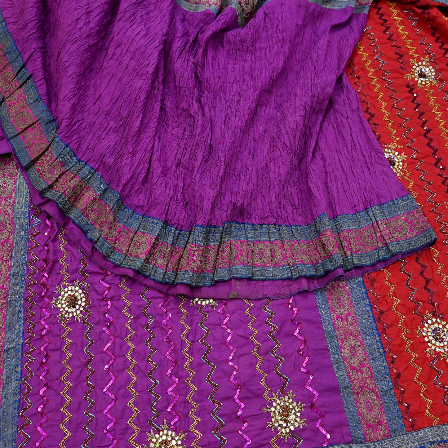 Indian Vintage Heavy Red & Purple Sari Hand Embroidered Sarees Craft Fabric 6Yd Sewing Soft Zardozi/Dabka Wedding/bridal saree