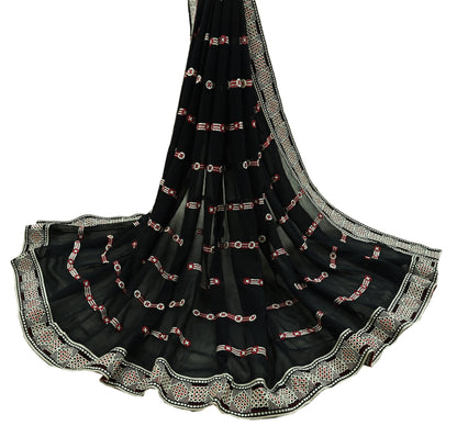 Indian Vintage Dupatta Black Long Stole Blend Georgette Hand Embroidered Phulkari Stole Scarves Party wear