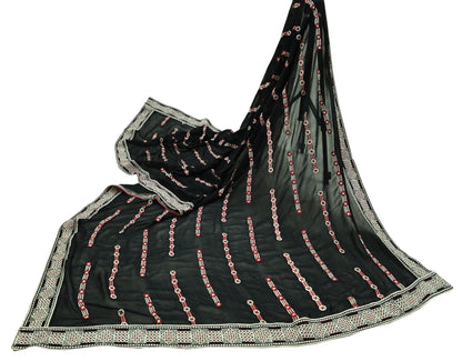 Indian Vintage Dupatta Black Long Stole Blend Georgette Hand Embroidered Phulkari Stole Scarves Party wear