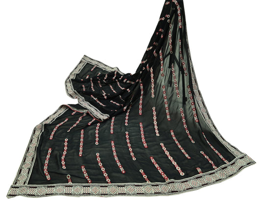 Indian Vintage Dupatta Black Long Stole Blend Georgette Hand Embroidered Phulkari Stole Scarves Party wear