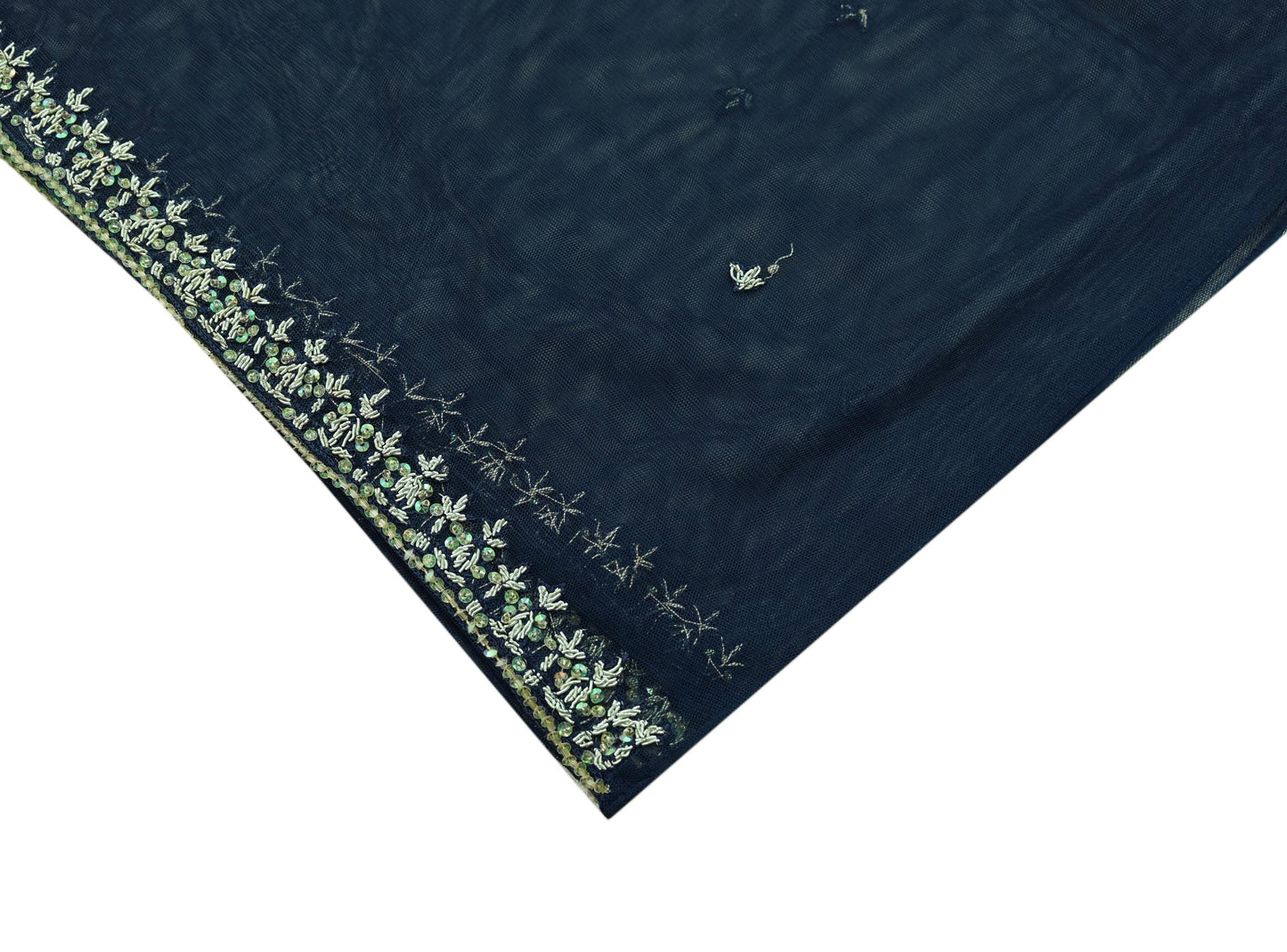 Indian Vintage Heavy Blue Dupatta Net Mesh Long Stole Hand Embroidered Scarves Golden Zardozi Zari Sequins Hijab Veil wrap Boho