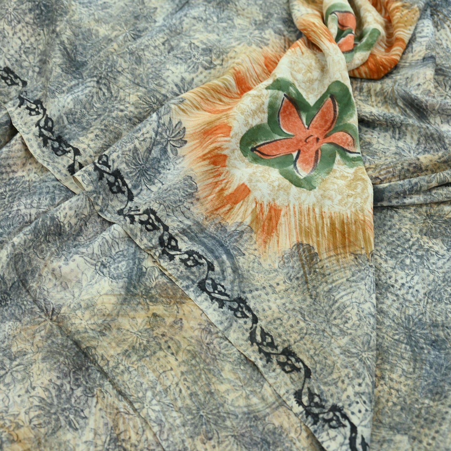 Indian Vintage Sari Orange & Gray Pure Georgette Silk Printed Sarees 5Yd Craft Fabric Sewing Quilting Dress making Crafting Dress Designing