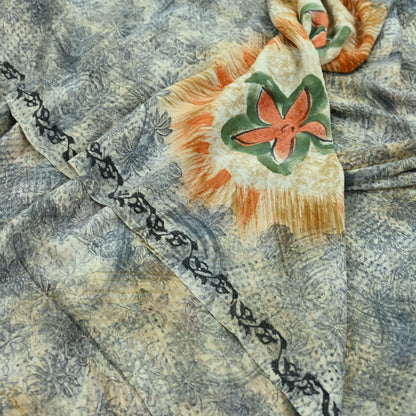 Indian Vintage Sari Orange & Gray Pure Georgette Silk Printed Sarees 5Yd Craft Fabric Sewing Quilting Dress making Crafting Dress Designing