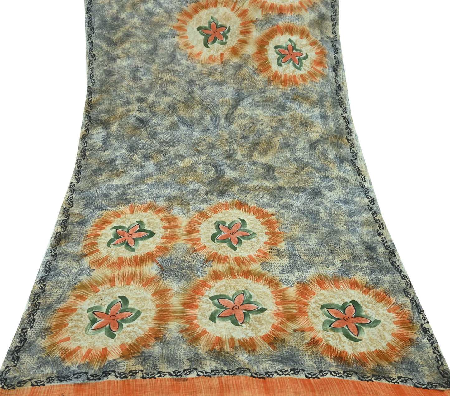 Indian Vintage Sari Orange & Gray Pure Georgette Silk Printed Sarees 5Yd Craft Fabric Sewing Quilting Dress making Crafting Dress Designing