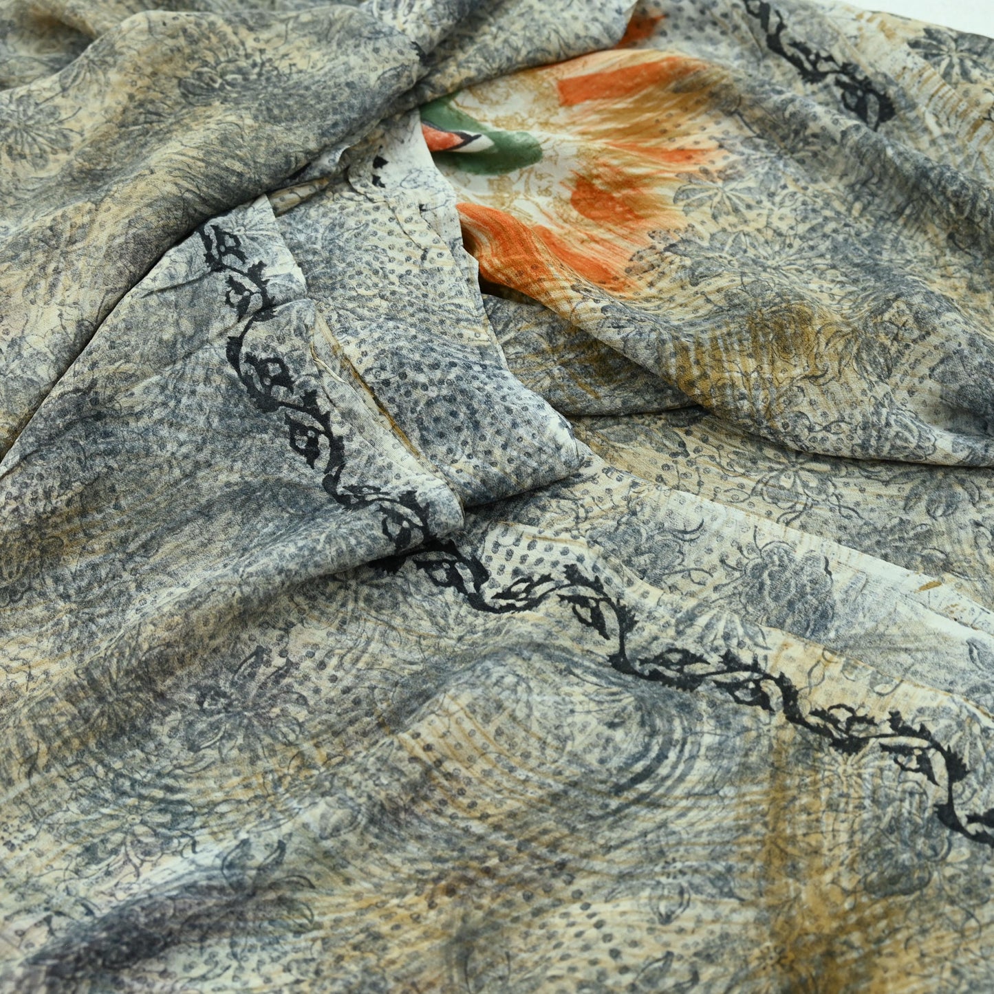 Indian Vintage Sari Orange & Gray Pure Georgette Silk Printed Sarees 5Yd Craft Fabric Sewing Quilting Dress making Crafting Dress Designing