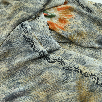 Indian Vintage Sari Orange & Gray Pure Georgette Silk Printed Sarees 5Yd Craft Fabric Sewing Quilting Dress making Crafting Dress Designing