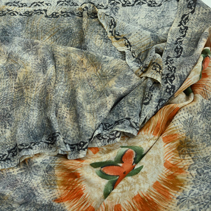 Indian Vintage Sari Orange & Gray Pure Georgette Silk Printed Sarees 5Yd Craft Fabric Sewing Quilting Dress making Crafting Dress Designing