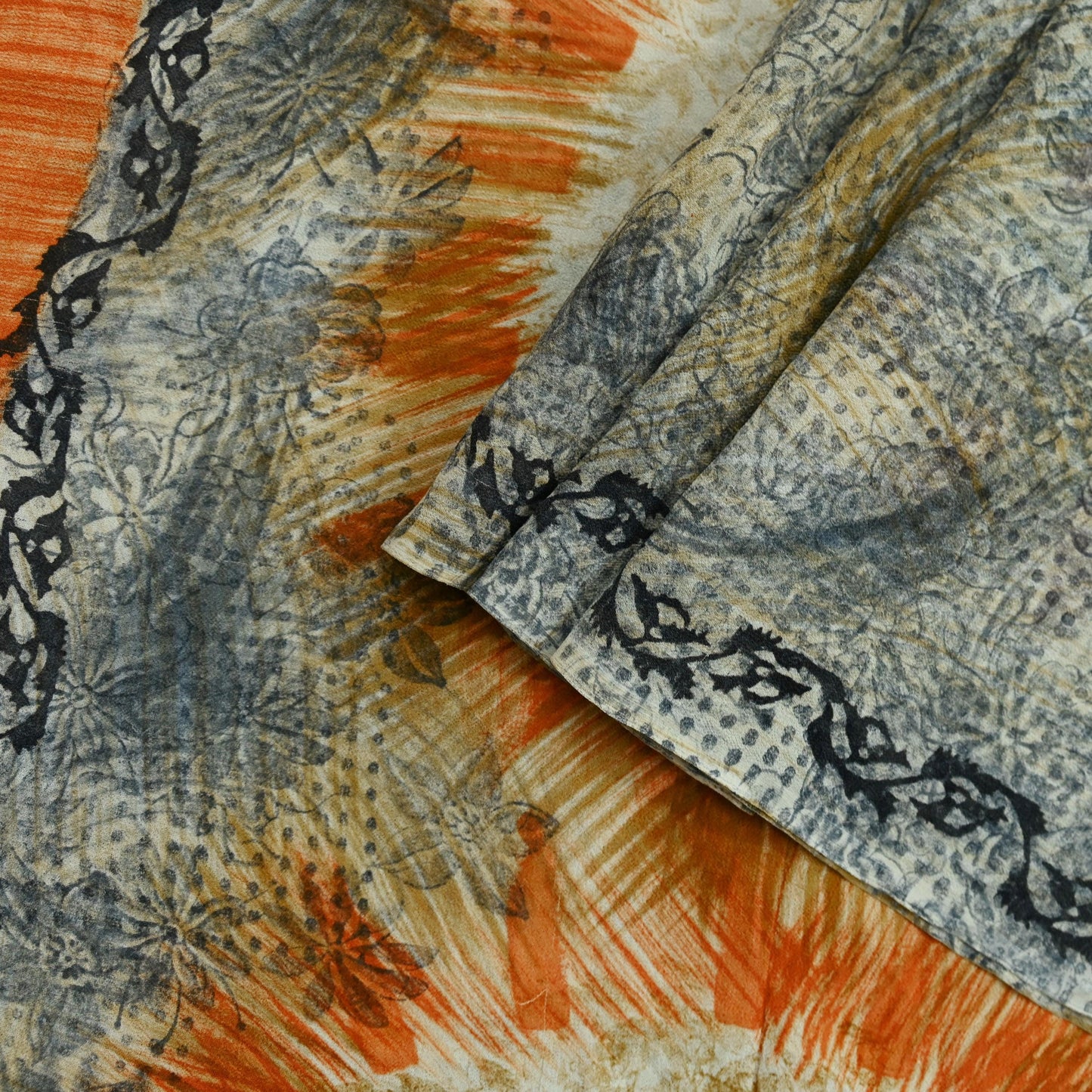 Indian Vintage Sari Orange & Gray Pure Georgette Silk Printed Sarees 5Yd Craft Fabric Sewing Quilting Dress making Crafting Dress Designing