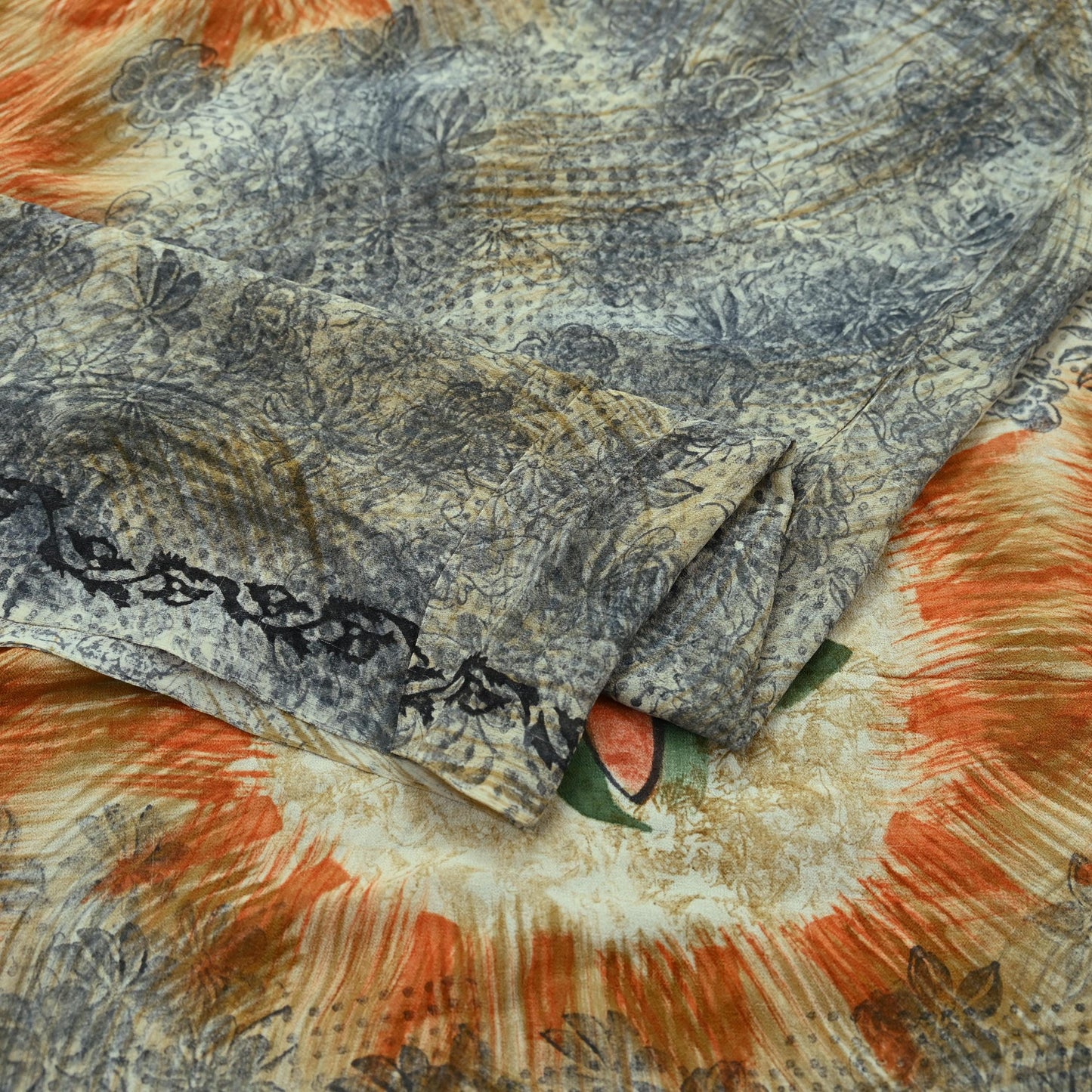 Indian Vintage Sari Orange & Gray Pure Georgette Silk Printed Sarees 5Yd Craft Fabric Sewing Quilting Dress making Crafting Dress Designing