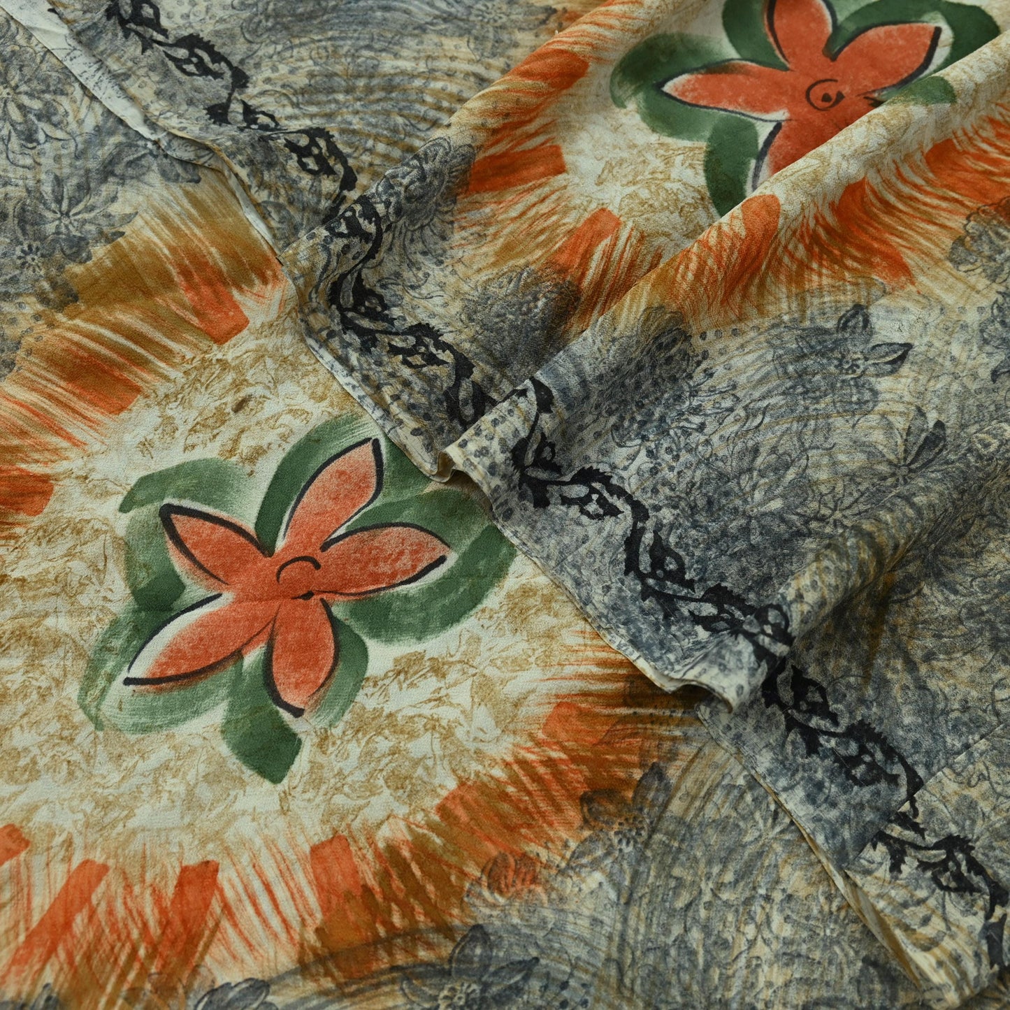 Indian Vintage Sari Orange & Gray Pure Georgette Silk Printed Sarees 5Yd Craft Fabric Sewing Quilting Dress making Crafting Dress Designing