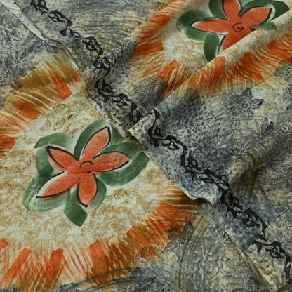 Indian Vintage Sari Orange & Gray Pure Georgette Silk Printed Sarees 5Yd Craft Fabric Sewing Quilting Dress making Crafting Dress Designing