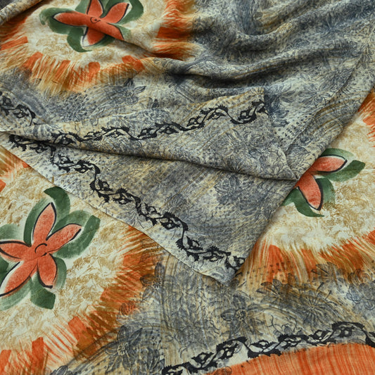 Indian Vintage Sari Orange & Gray Pure Georgette Silk Printed Sarees 5Yd Craft Fabric Sewing Quilting Dress making Crafting Dress Designing