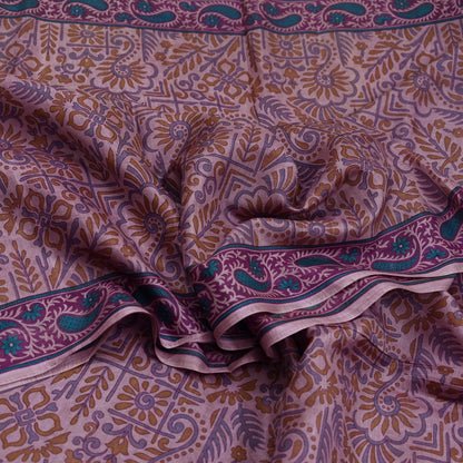 Indian Vintage Sari Brown 100% Pure Silk Printed Saree Craft Fabric 6yd Sewing DressMaking Wrap Floral Crafting Quilting Used Upcycle